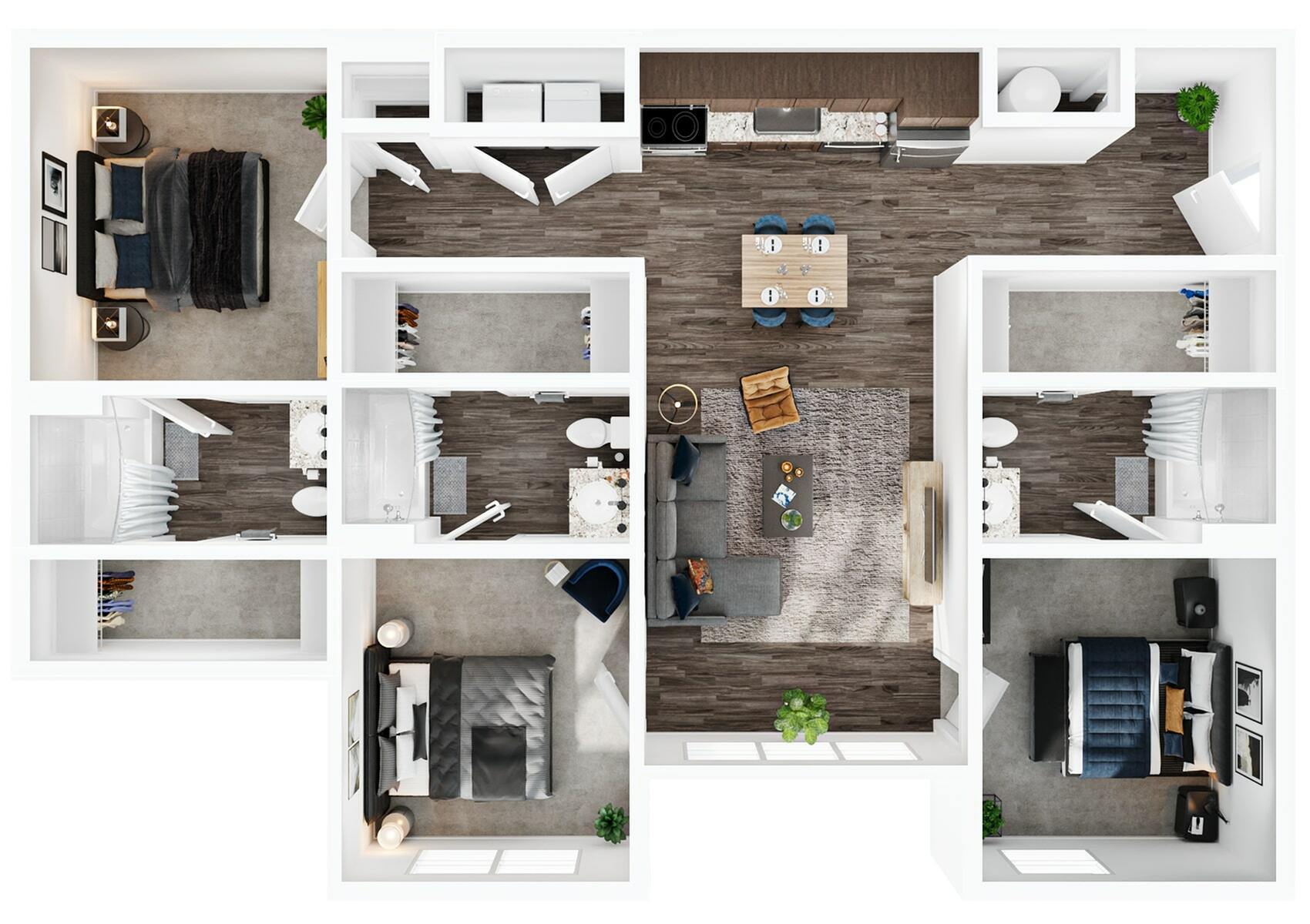 A 3D image of the 3BR/3BA – C1 floorplan, a 1142 squarefoot, 3 bed / 3 bath unit