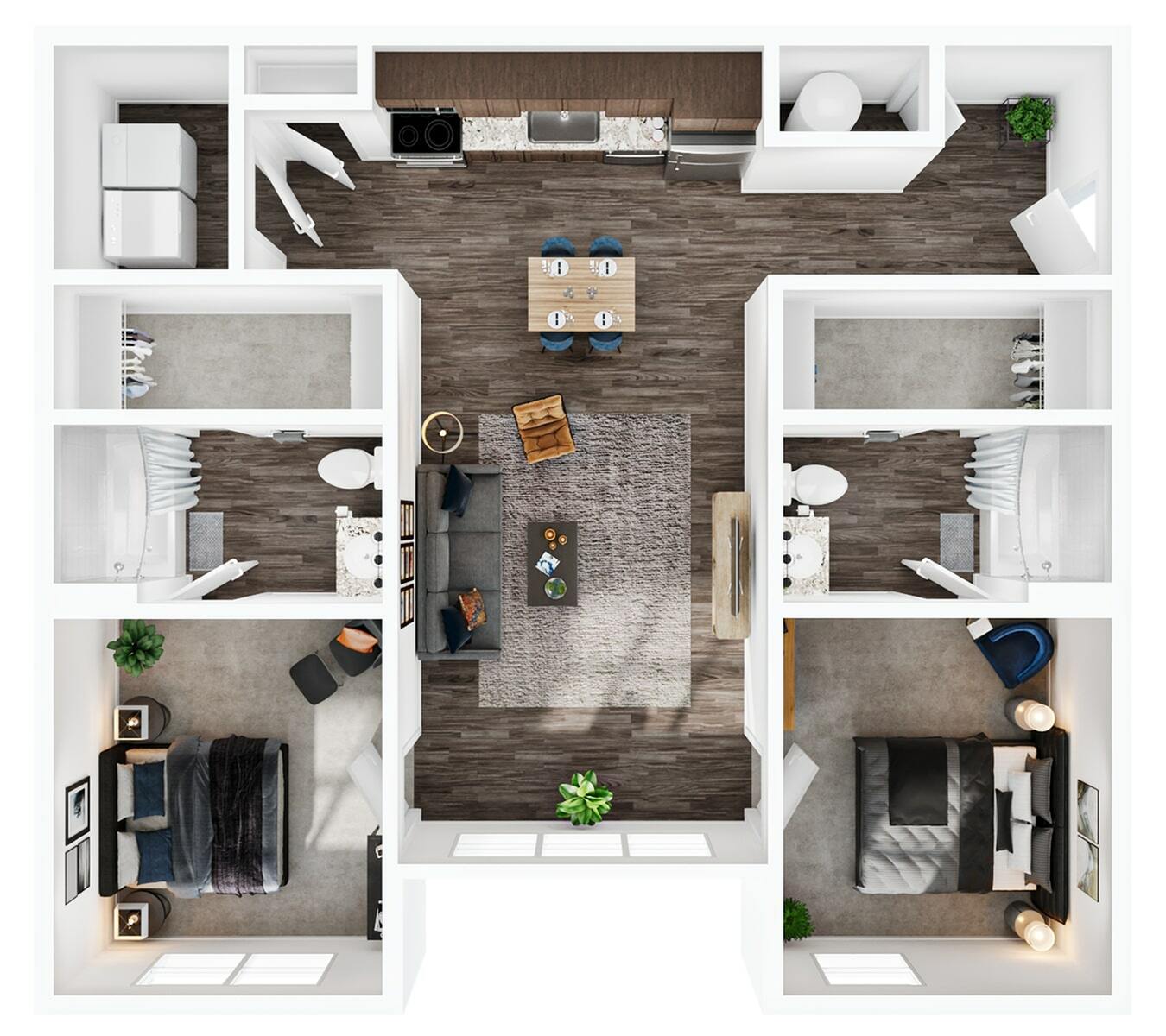 A 3D image of the 2BR/2BA – B1 floorplan, a 910 squarefoot, 2 bed / 2 bath unit